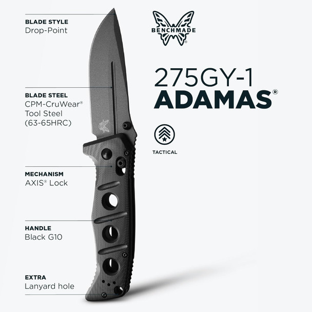 Benchmade Adamas - Black G10 - Drop-Point Tactical Folding Knife - Tungsten Gray CPM-CruWear Blade 275GY-1