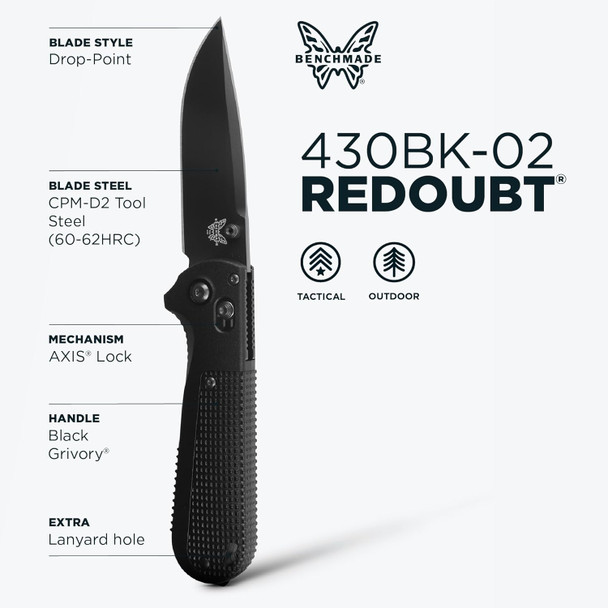 Benchmade Redoubt - Black Grivory - Drop-Point Folding Knife - Black CPM-D2 Blade & AXIS Lock 430BK-02