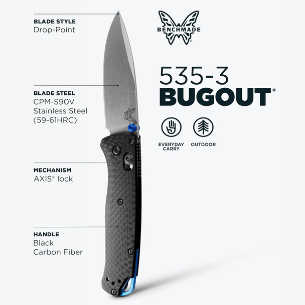 Benchmade Bugout - Carbon Fiber Ultralight Folding Knife - Satin CPM-S90V Super Steel 535-3