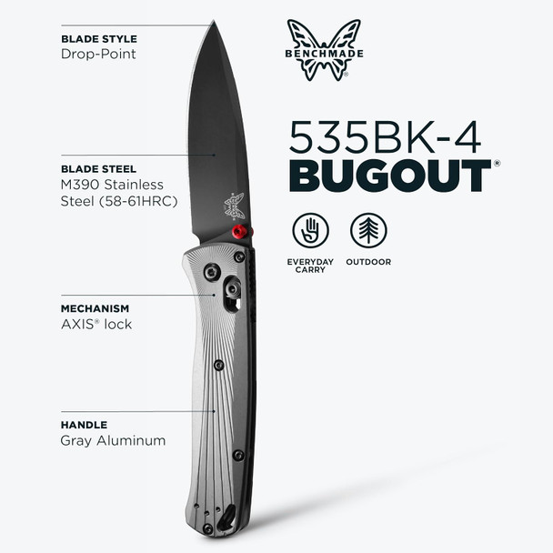 Benchmade Bugout - Gray Aluminum EDC Folding Knife - Black M390 Blade & Sunburst Milling 535BK-4