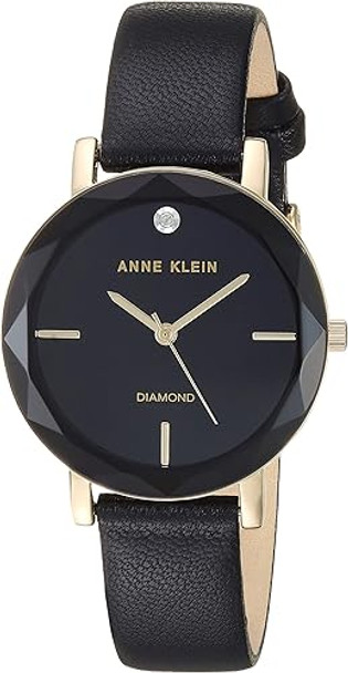 Anne Klein Genuine Diamond Dial Gold-Tone and Black Leather Strap Ladies Watch AK/3434BKBK