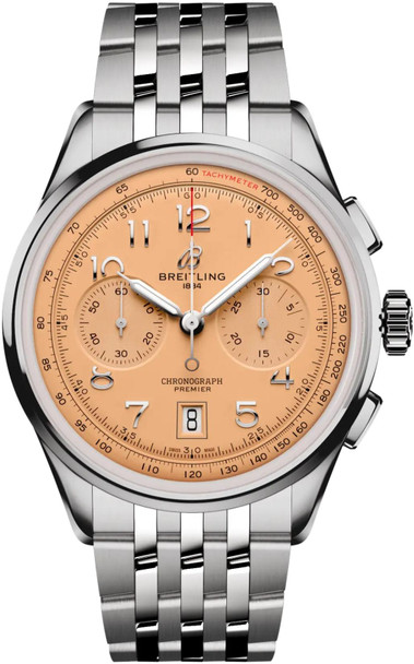 Breitling Premier B01 Chronograph 42 Salmon Dial Steel Mens Watch AB0145331K1A1