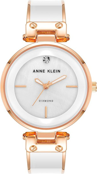 Anne Klein Rose Gold-Tone White Mother-of-Pearl Bangle Diamond Accent Ladies Watch AK/1414WHRG