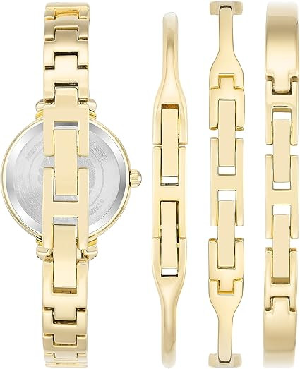 Anne Klein Gold-Tone Black Dial X-Shaped Bangle Set Ladies Watch AK/2716BKST