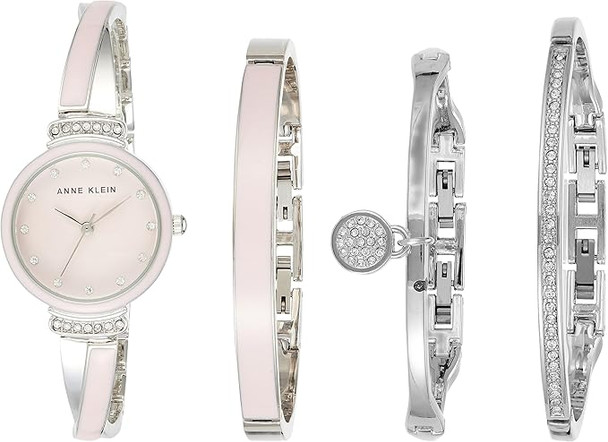 Anne Klein Silver-Tone Pink Dial X-Shaped Bangle Set Ladies Watch AK/2717PKST