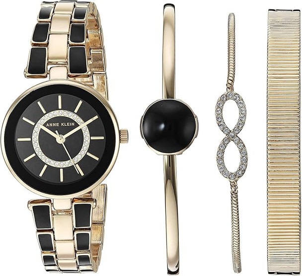 Anne Klein Gold-Tone and Black Link Bracelet Crystal Inner Ring Ladies Watch AK/3286BKST