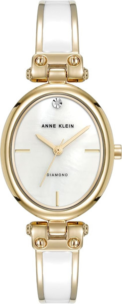 Anne Klein Gold-Tone Oval Mother-of-Pearl Bangle Diamond Accent Ladies Watch AK/5118WTGB