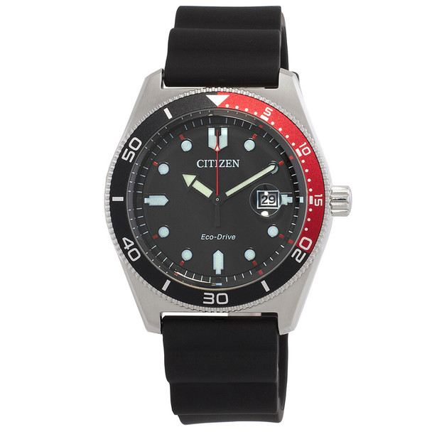 Citizen Marine Eco-Drive Black Dial Red Bezel Black Rubber Mens Watch AW1769-10E