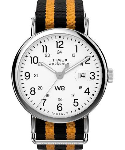 Timex Weekender 40mm Silver-Tone Case Orange and Black Stripe Slip Thru Fabric Strap Mens Watch TW2W86200