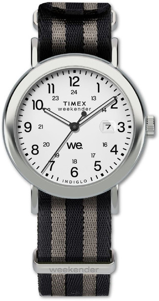 Timex Weekender 40mm Silver-Tone Case Grey and Black Stripe Slip Thru Fabric Strap Mens Watch TW2W86300