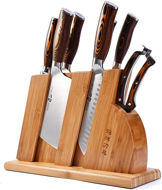 TUO Cutlery Knife Set with Wooden Block - Honing Steel and Shears - Pakkawood Handle TC0710