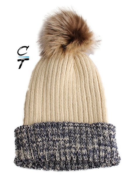 Cozy Time Two Tone Winter Fur Pom Acrylic Knitted Beanie Hats for Extra Warmth and Comfort - Ivory 10106-IVORY
