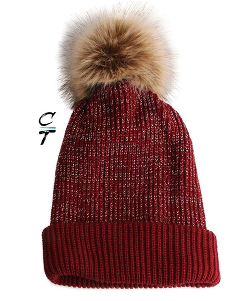 Cozy Time Slouchy Fur Pom Beanie Hat With Metallic Knitted Style for Extra Warmth and Comfort - Red 10113-RED-HAT