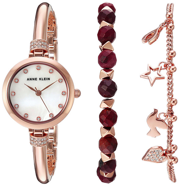 Anne Klein Beaded Bracelet Set And Rose Gold-Tone Alloy Ladies Watch AK-2840RJAS