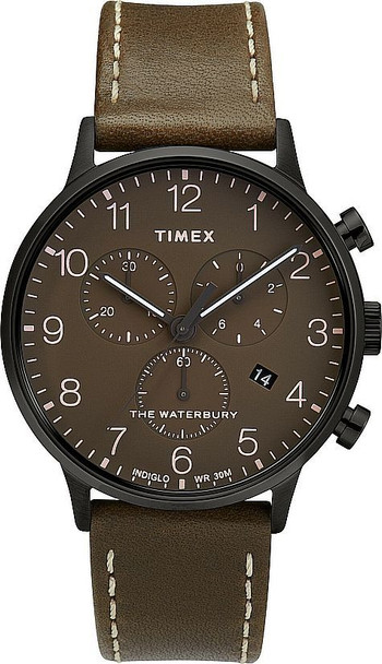 Timex Waterbury Classic Mens Chrono 40mm Black Case Brown Dial Olive Leather Strap TW2T27900