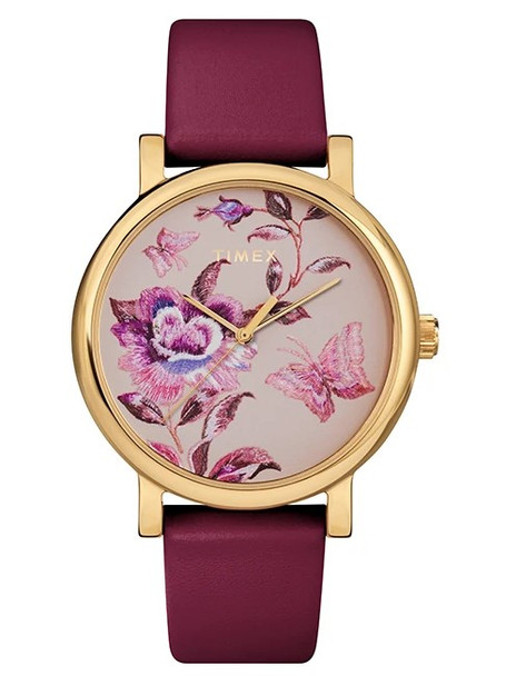 Timex Womens Full Bloom 38mm Gold-tone Case Pink Floral Dial Burgundy Leather Strap TW2U19200