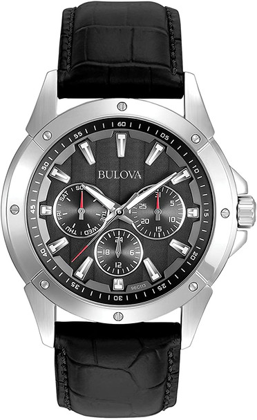 Bulova Multi-Function Black Leather Mens Watch 96C113