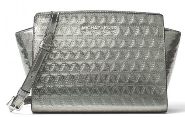 Michael Kors Selma Leather Triangle Quilted Medium Messenger Handbag - Metalic Grey - 30H7SLMM2K-041