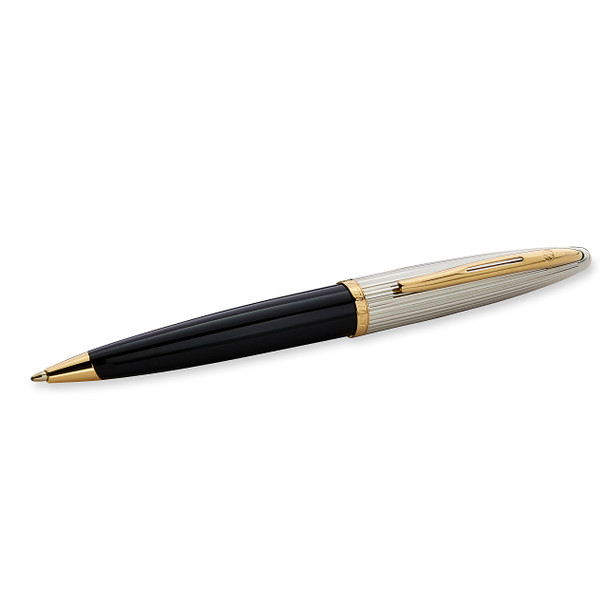 Waterman Carene Deluxe Ballpoint Pen - Gloss Black & Silver Plated with 23k Gold Clip - Medium Point with Blue Ink Cartridge S0700000