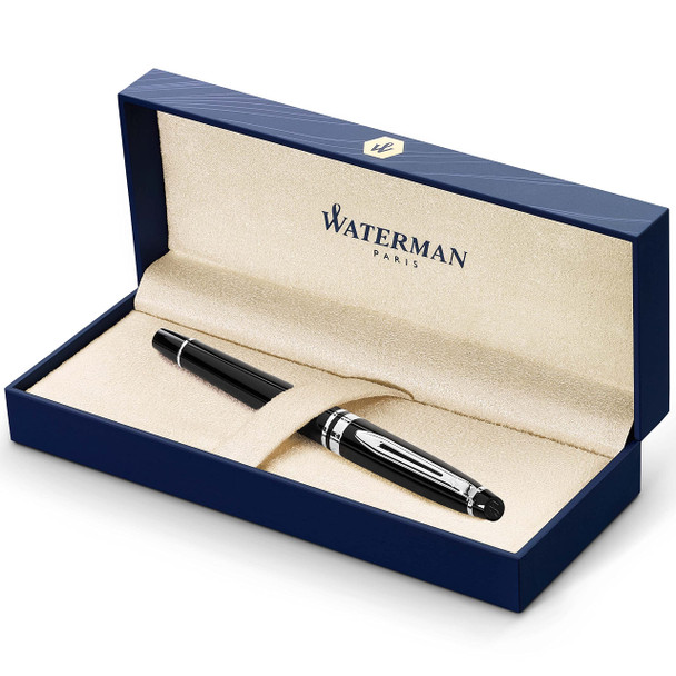 Waterman Expert Rollerball Pen - Gloss Black with Chrome Trim - Fine Point with Black Ink Cartridge S0951780