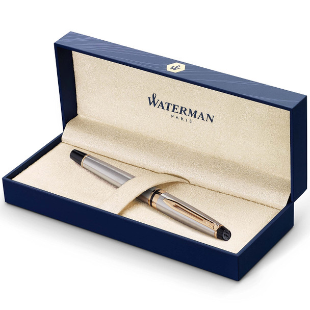 Waterman Expert Fountain Pen - Stainless Steel with 23k Gold Trim - Fine Nib with Blue Ink Cartridge S0951940