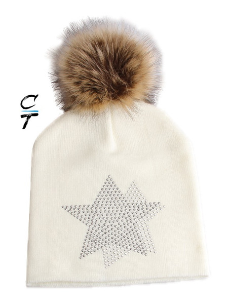 Cozy Time Star Embellished Fur Pom Hat For Extra Warmth and Comfort - White 10105-WHITE