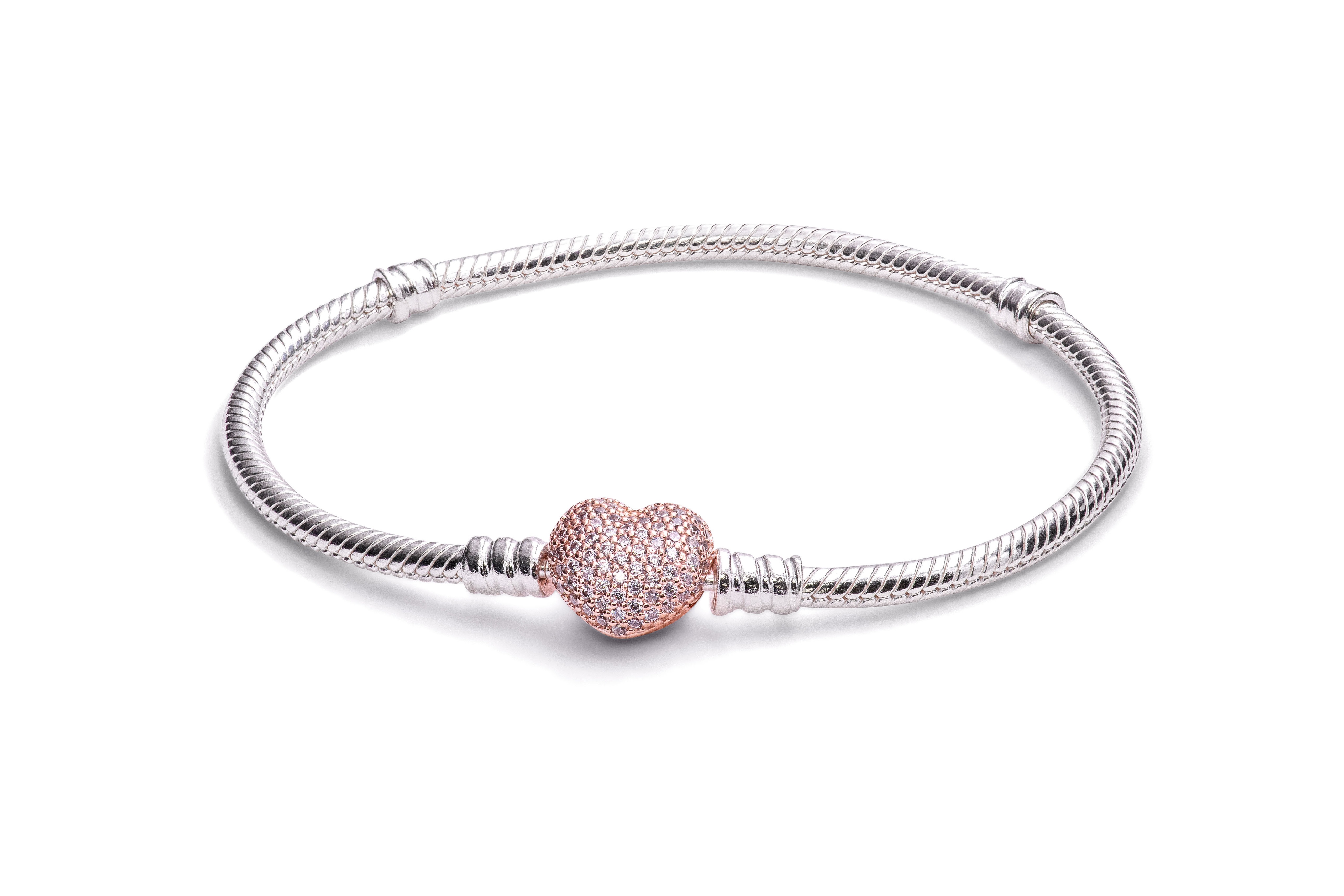 PANDORA Bracelet in sterling silver with heart-shaped PANDORA Rose clasp  with clear CZ 586292CZ-16 - Jacob Time Inc