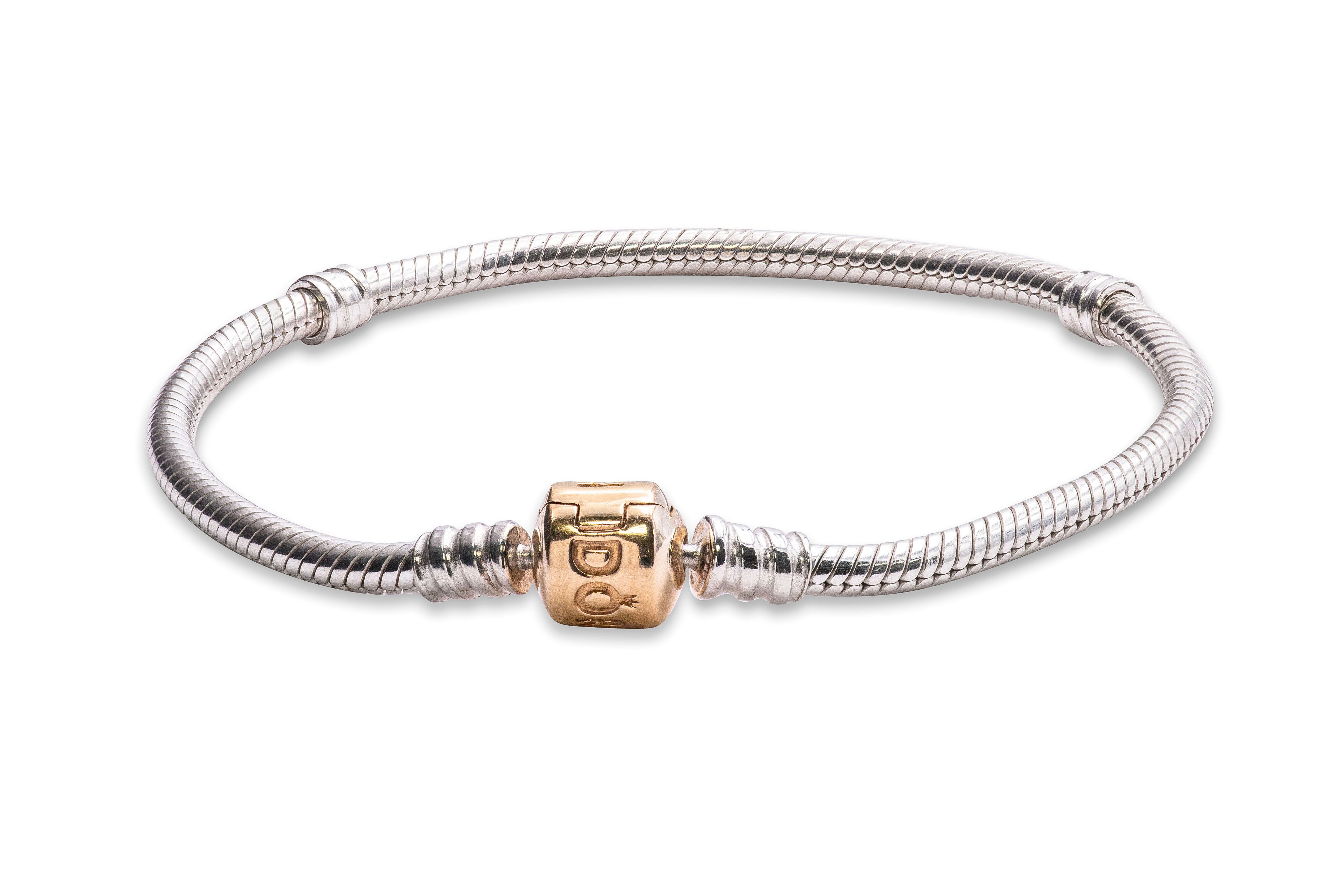 Sterling Silver Pandora Bracelet w/14K Yellow Gold Clasp & several Silver  Charms