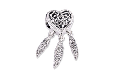 PANDORA Openwork Heart Three Feathers Dreamcatcher Charm