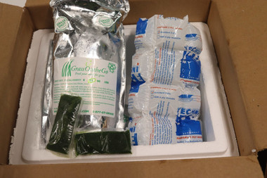 Wheatgrass will arrive frozen at your doorstep by FedEx guaranteed frozen with dry ice and techni ice packs all included in the price of shipping.