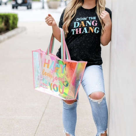 Happy Looks Good On You Pink Iridescent Tote