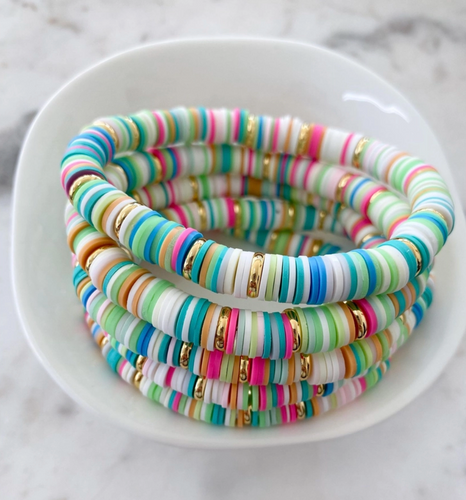 Heishi Color Pop Bracelet - Minty Multi With Gold Disc Spacers