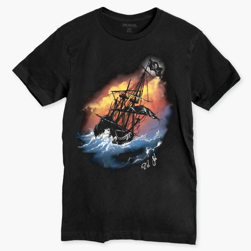 high seas pirate design front on a black tee with sun