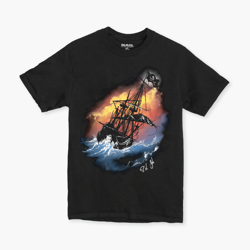 youth high seas pirate black shirt front view with sun