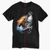 high seas pirate design front on a black tee split view with sun and without sun