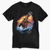 high seas pirate design front on a black tee with sun