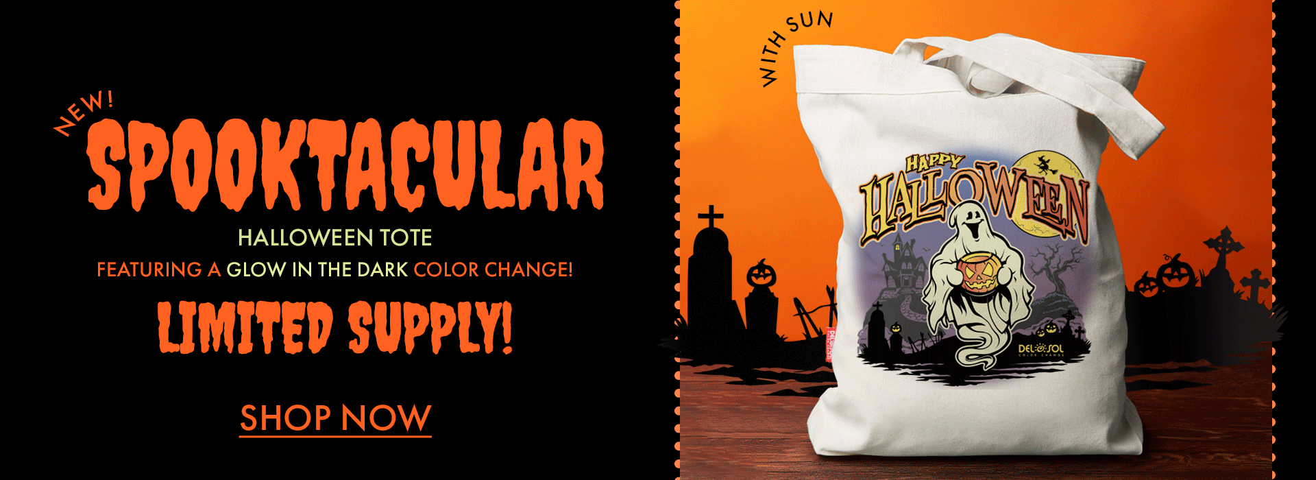 New Spooktacular Halloween Tote Featuring a glow in teh dark color change! Shop now!
