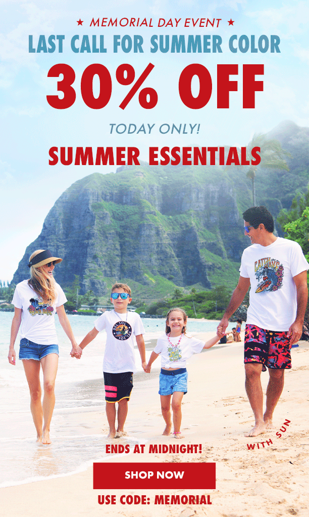 Memorial Day event. Come alive in summer sunlight. 30% off summer essentials. Use code: Memorial. Image of  a family wearing del sol shirts with sun and without sun.