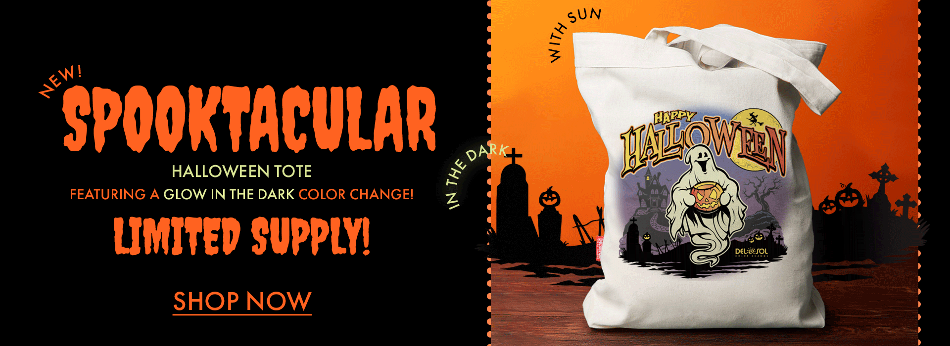 New Spooktacular Halloween Tote Featuring a glow in teh dark color change! Shop now!

