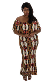 Rust Brown and Creme multi color Off Shoulder Fitted ITY Maxi Dress