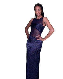 Navy Blue Satin and Georgette Evening Gown, Sheer Upper Bodice