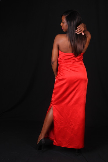 Red Satin Strapless Evening Gown