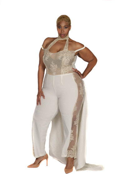 Crème and nude lace jumpsuit with attached train