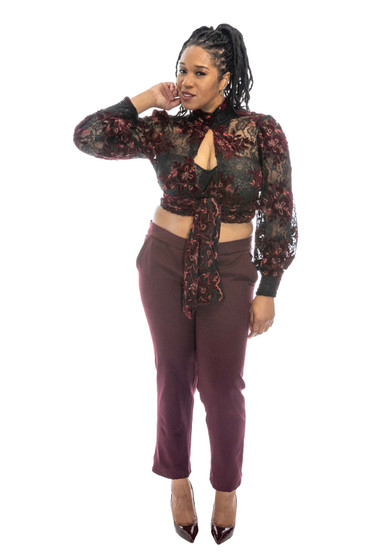 Black lace and burgundy velvet wrap top