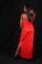 Red Satin Strapless Evening Gown