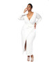 Off white faux wrap ambassador gown with rhinestone accents on right side and tie belt