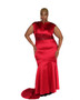 Candy red stretch satin gown with sequined accented sides