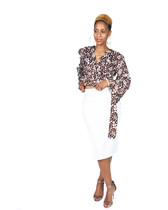 Brown and off white wrap front tie shirt with off white knit skirt