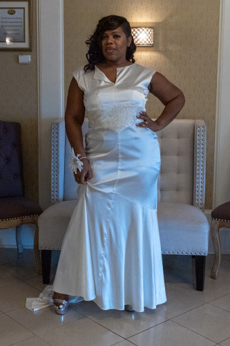 Off white stretch satin gown - J Bri Designs