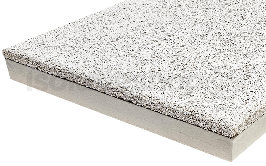 Polyuréthane (PIR) expansée + Ciment-laine de bois blanc 1200x600x60+25mm Rd:2,72 (=0,72 m²)